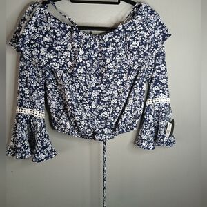 IZ BYER Floral Navy Blue‎ Women's Top